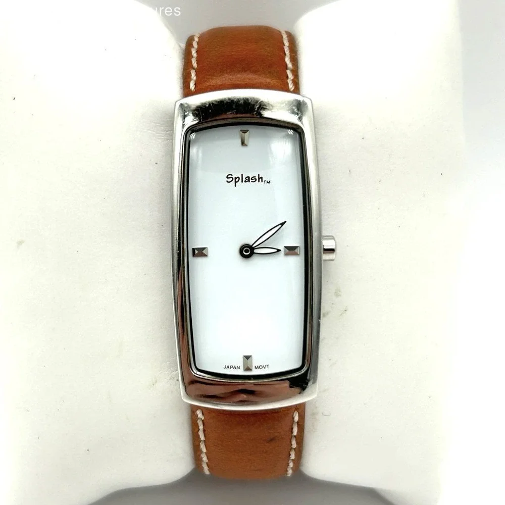 Vintage Y2K Splash Women's Watch Silver Rectangular Minimalist Cognac Leather